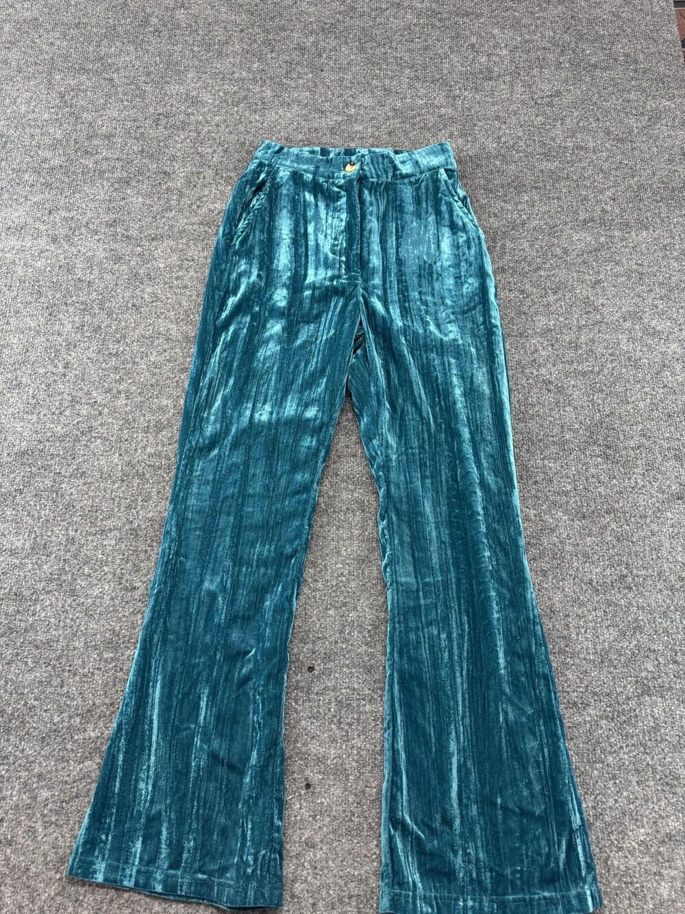 Cider Pants Womens XS Blue Velvet Flare Leg Lined Pockets Button Party Casual